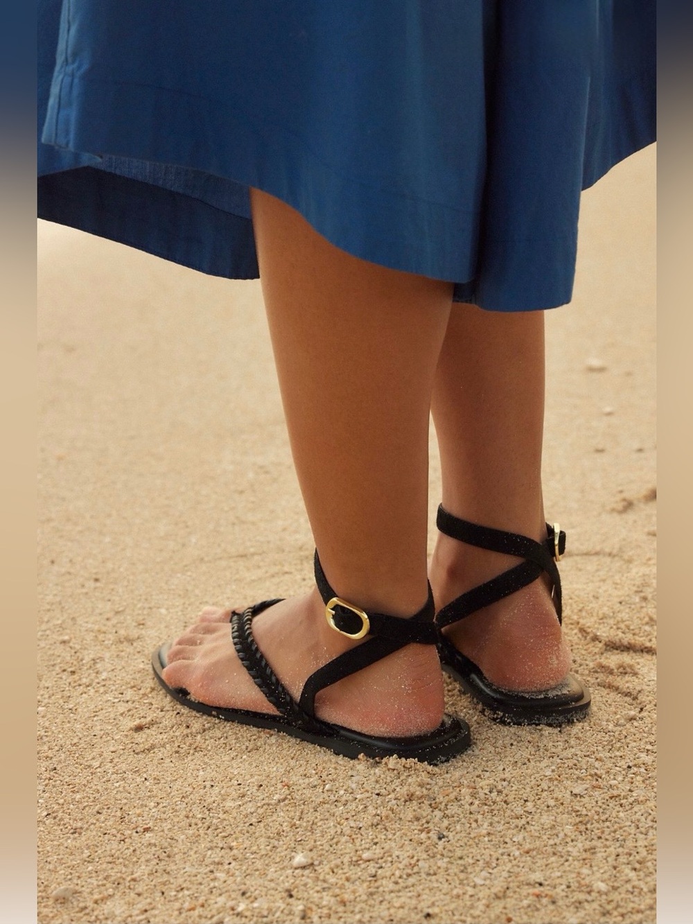 Free People Waverly Whip Stitch Thong Sandal Black Tide NIB